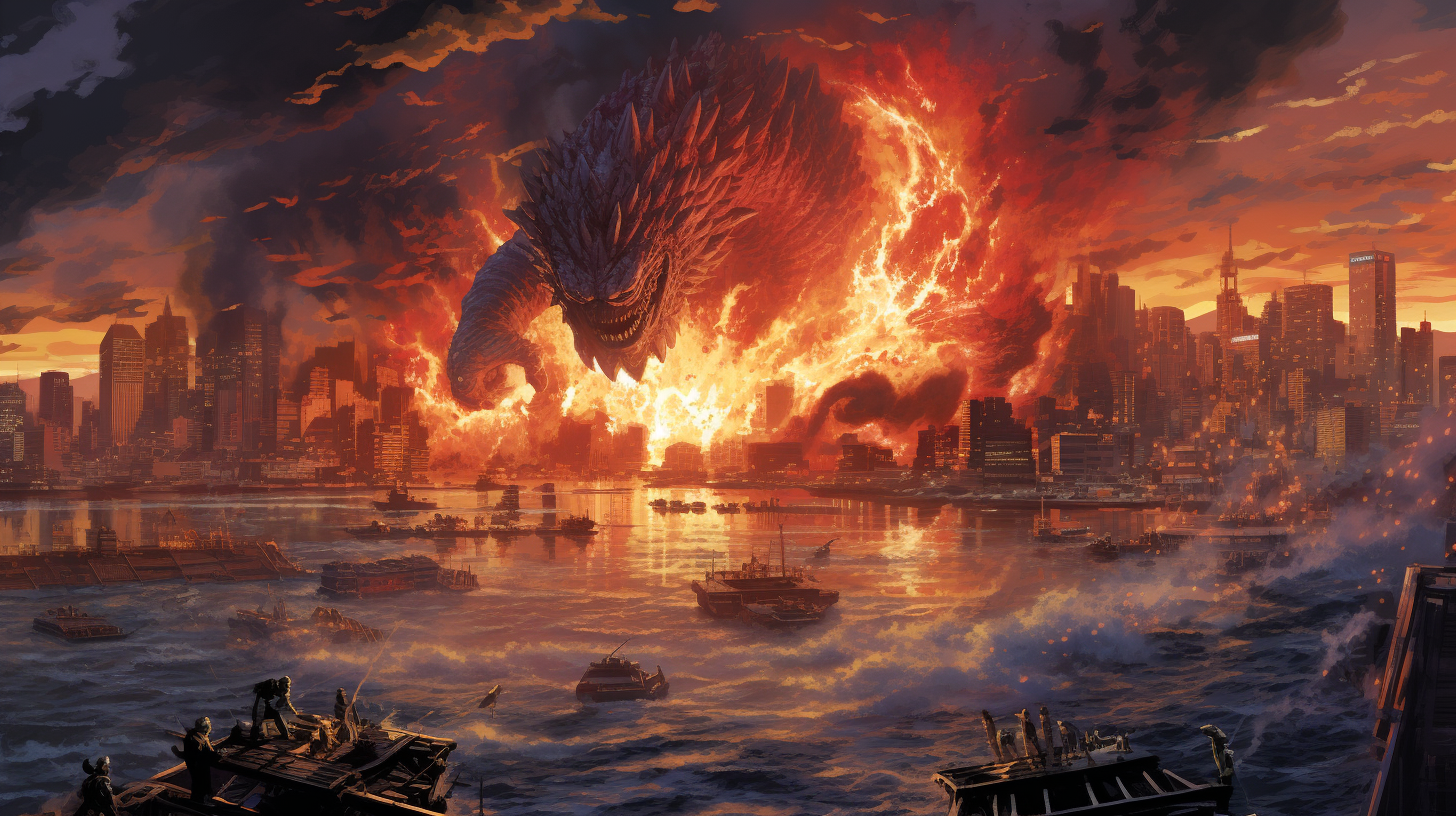 Powerful kaiju destroys cityscape