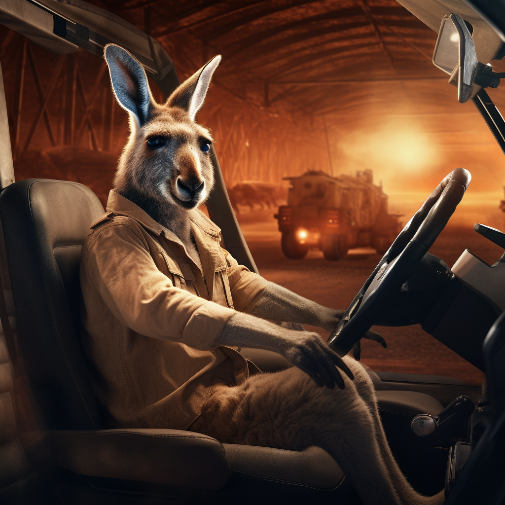 Kangaroo driving Tesla Cybertruck Convertible