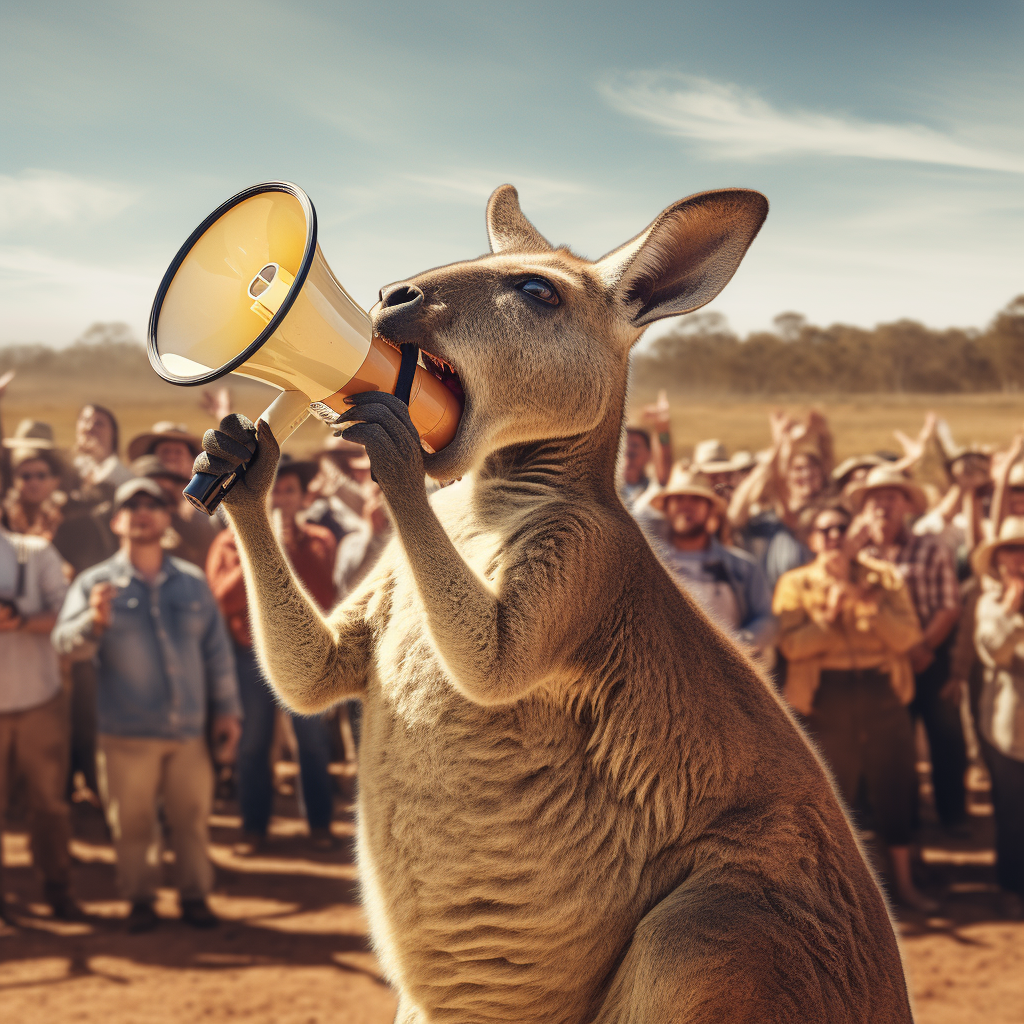 Kangaroo dressed as farmer in sunny field shouting