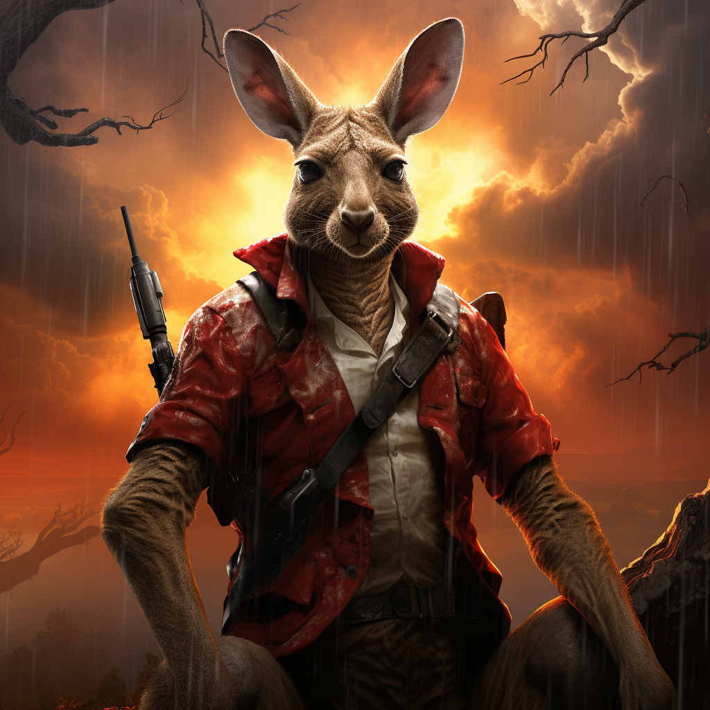 Strong kangaroo with red eyes and rifle