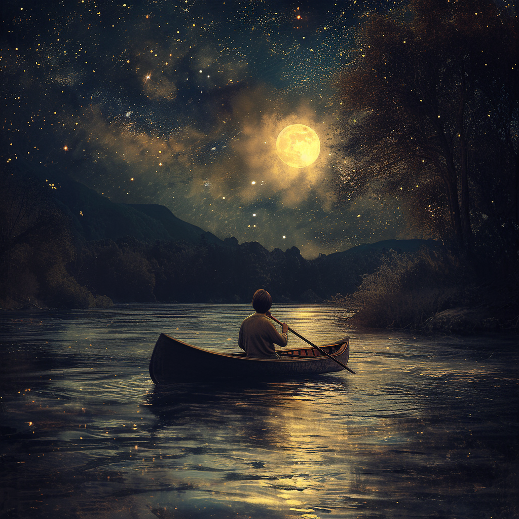 Brown-haired man paddling in a kanu on a river at night with stars and moon