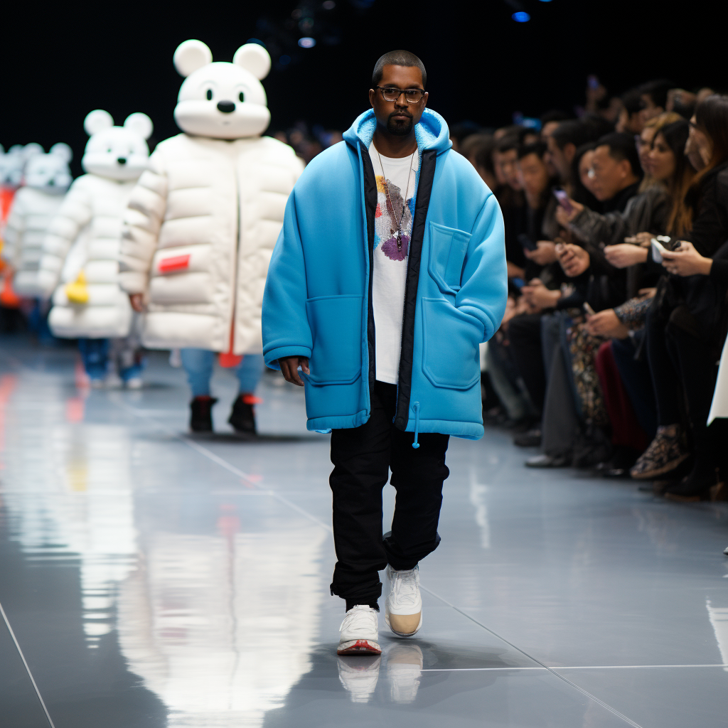 Kanye wearing Doraemon on the catwalk