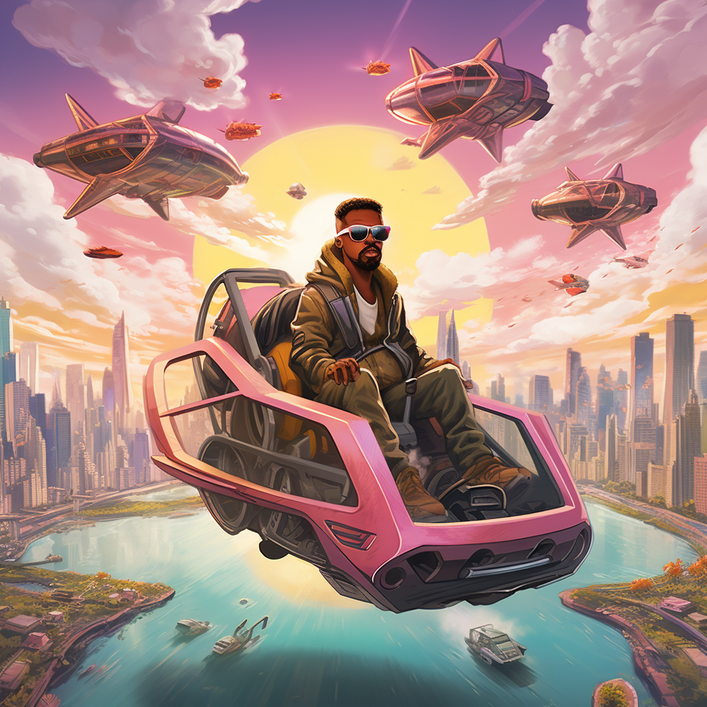 Kanye West Driving Flying Car Over Future City