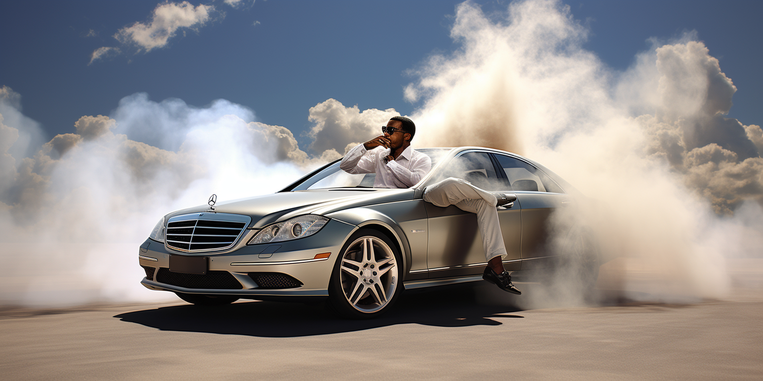 Kanye West smoking marihuana in Mercedes-Benz E-Class