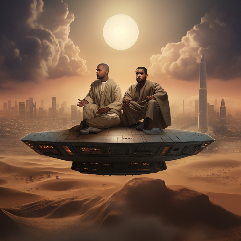 Celebrities Kanye West and Drake on a UFO