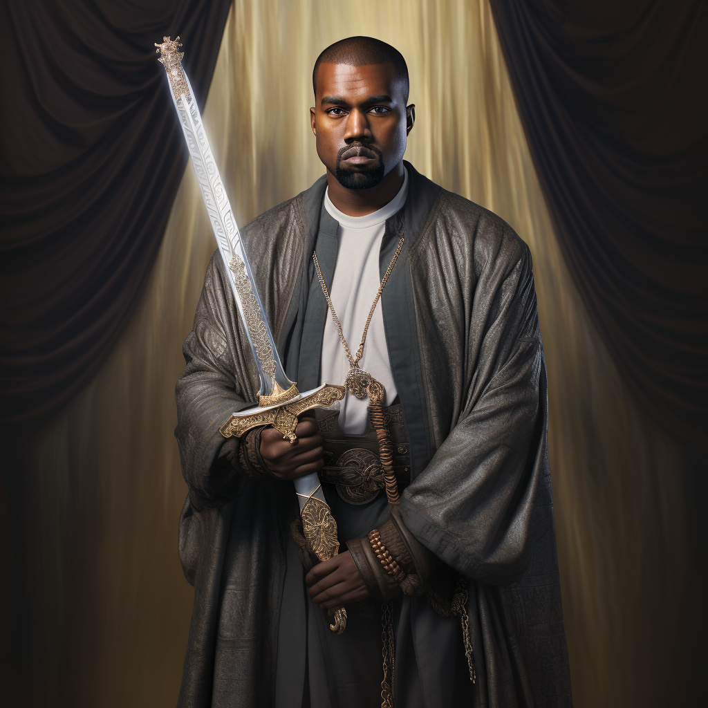 Kanye West holding a powerful sword