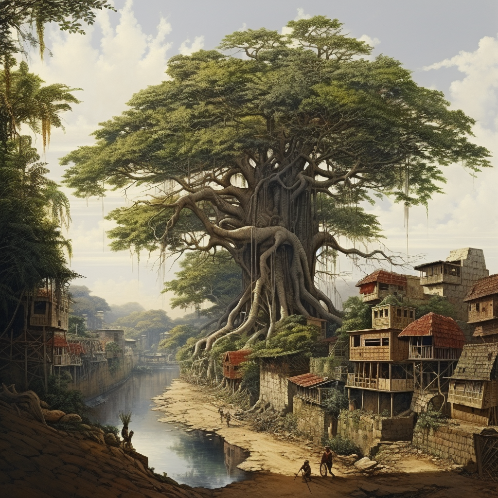 Majestic kapok tree with river and houses