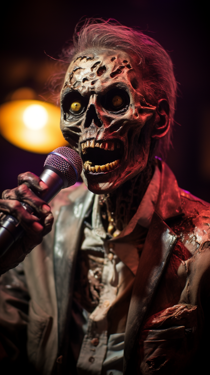 Karaoke Zombie captivating audience with hypnotic voice