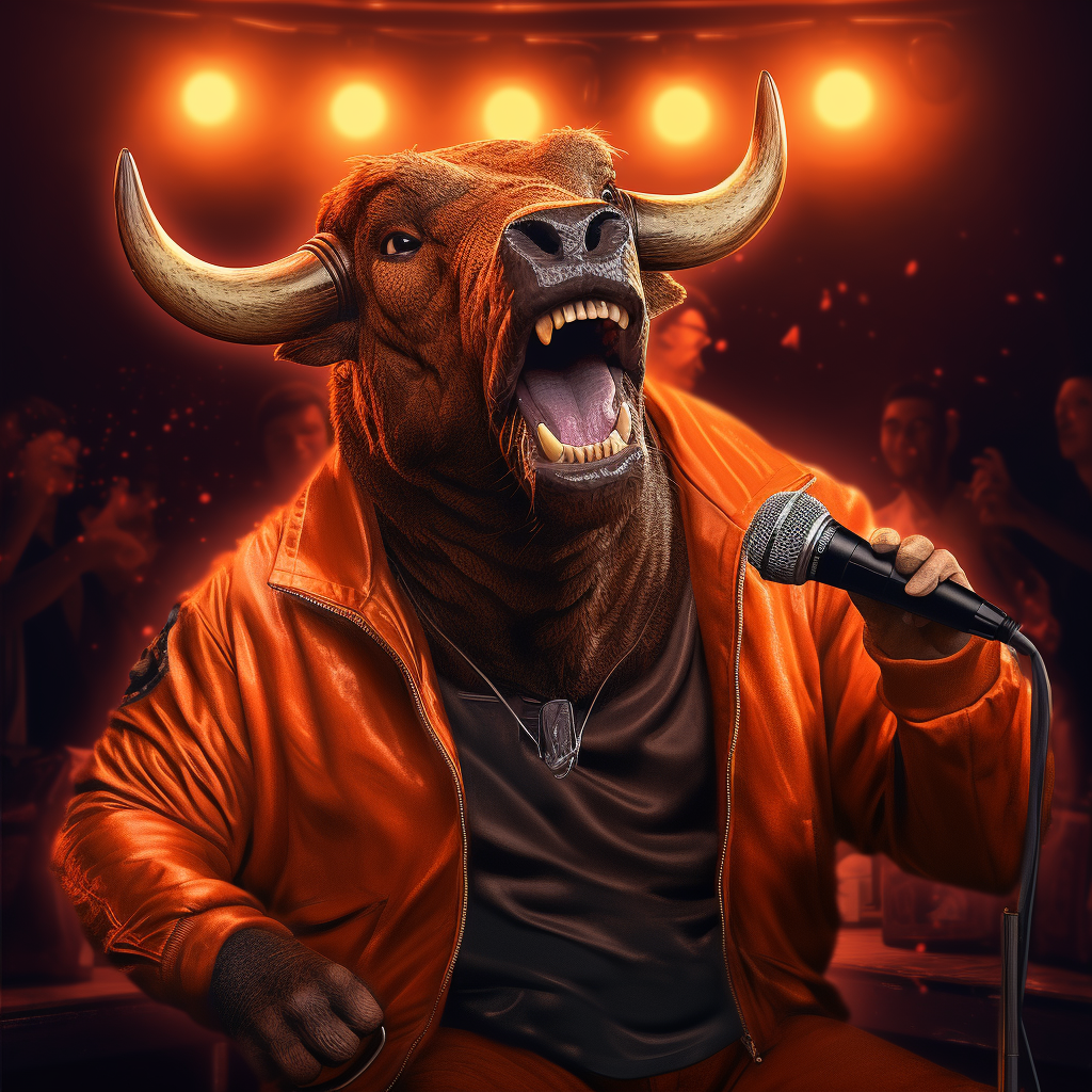 Bull singing karaoke in night bar