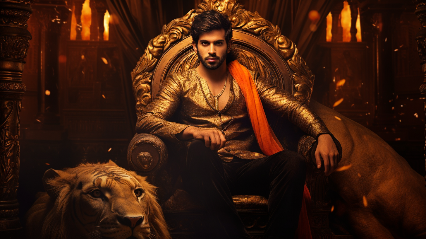 Kartik Aryan sitting on throne with tiger at night