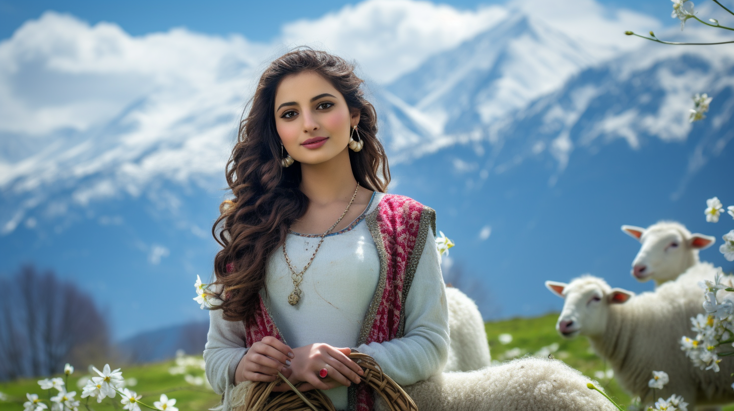 Beautiful Kashmiri girl with tulips in Kashmir landscape