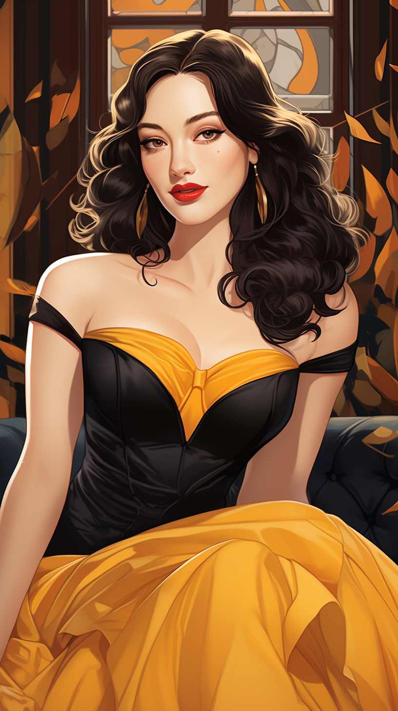 Kat Dennings in elegant ball gown illustration