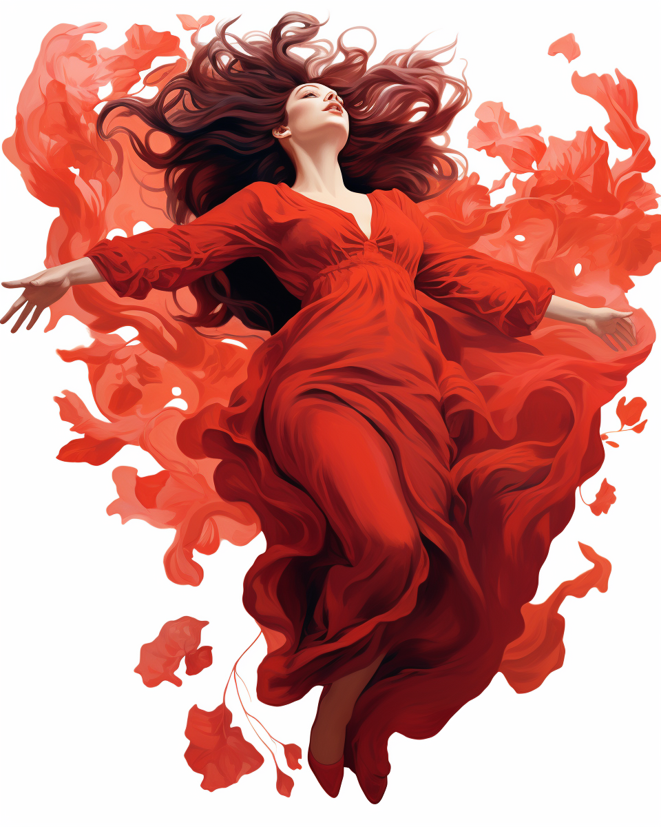 Kate Bush in red dress floating