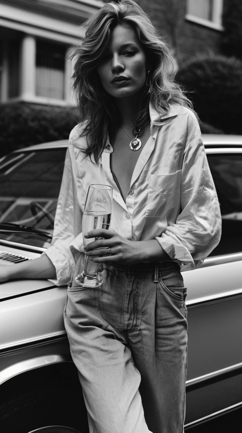 Young Kate Moss with champagne and silver BMW