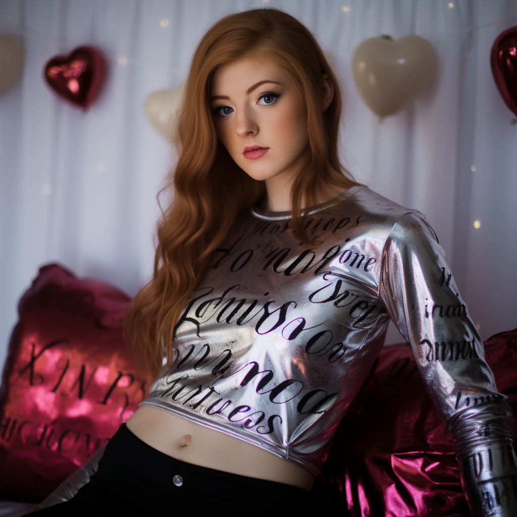 Katherine McNamara in shiny pink croptop on bed