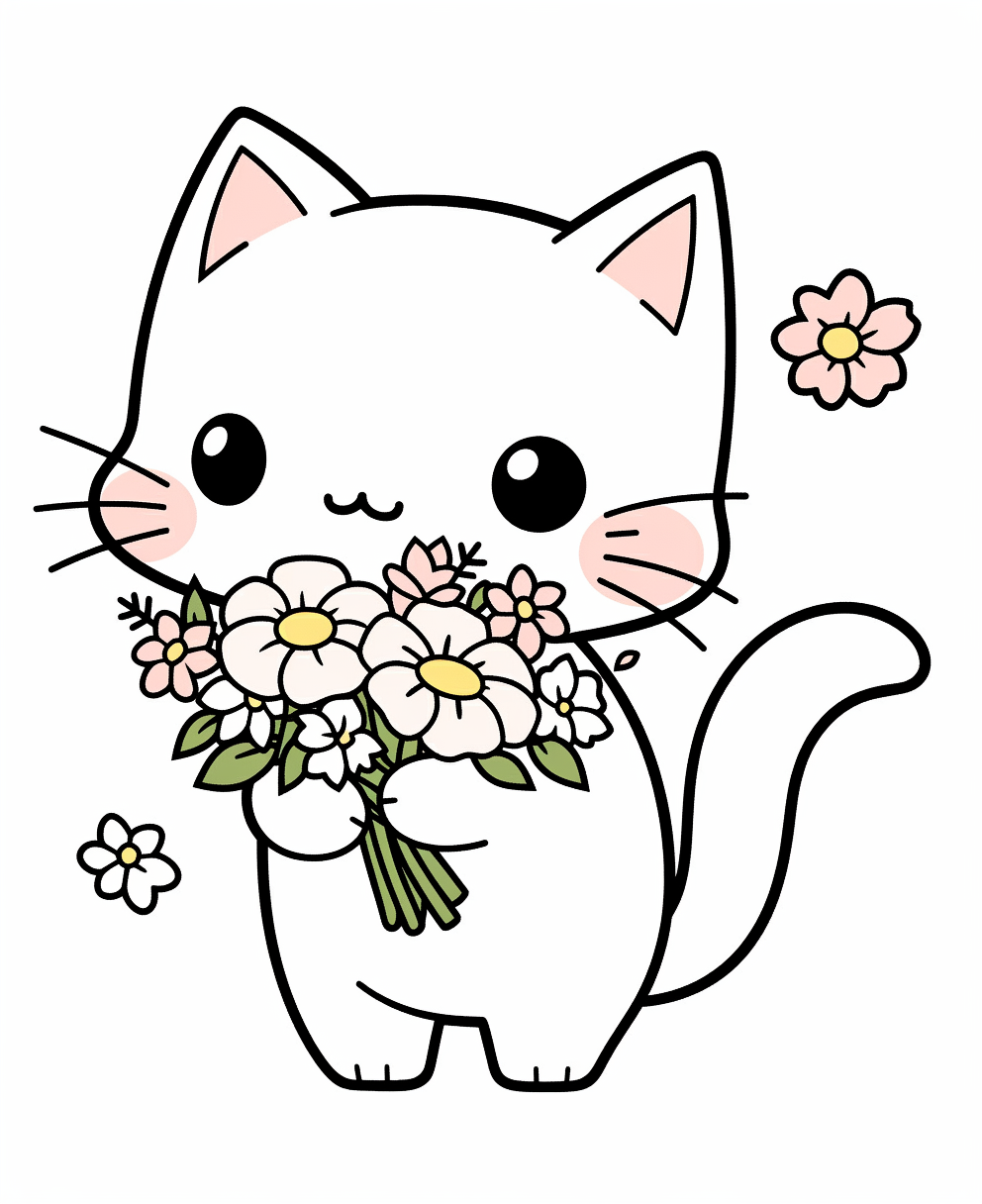 Cute Kawaii Cat with Flowers