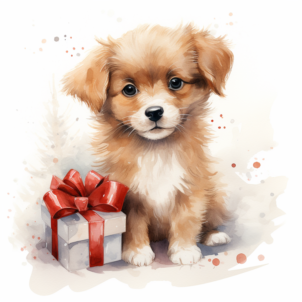 Adorable Christmas Puppy in Watercolor Style