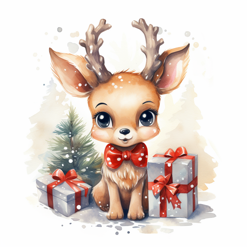 Adorable Christmas reindeer with gifts in watercolor