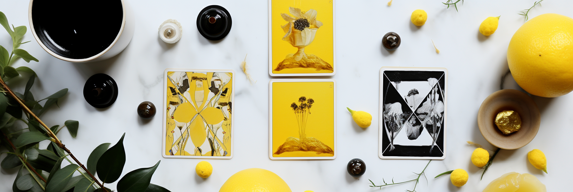 Kawaii fashion editorial with yellow deck, cauldron, herbs, tarot cards, candle on white marble