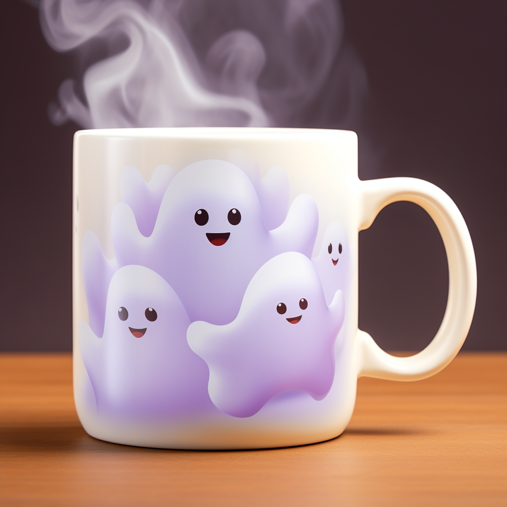 Adorable kawaii ghost mug with ghostly steam