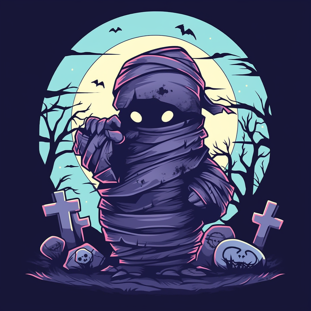 Cute kawaii mummy in graveyard