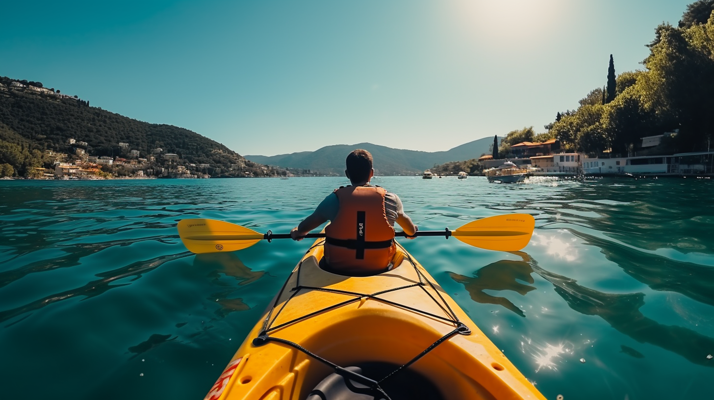 Two male friends kayaking in a scenic lake