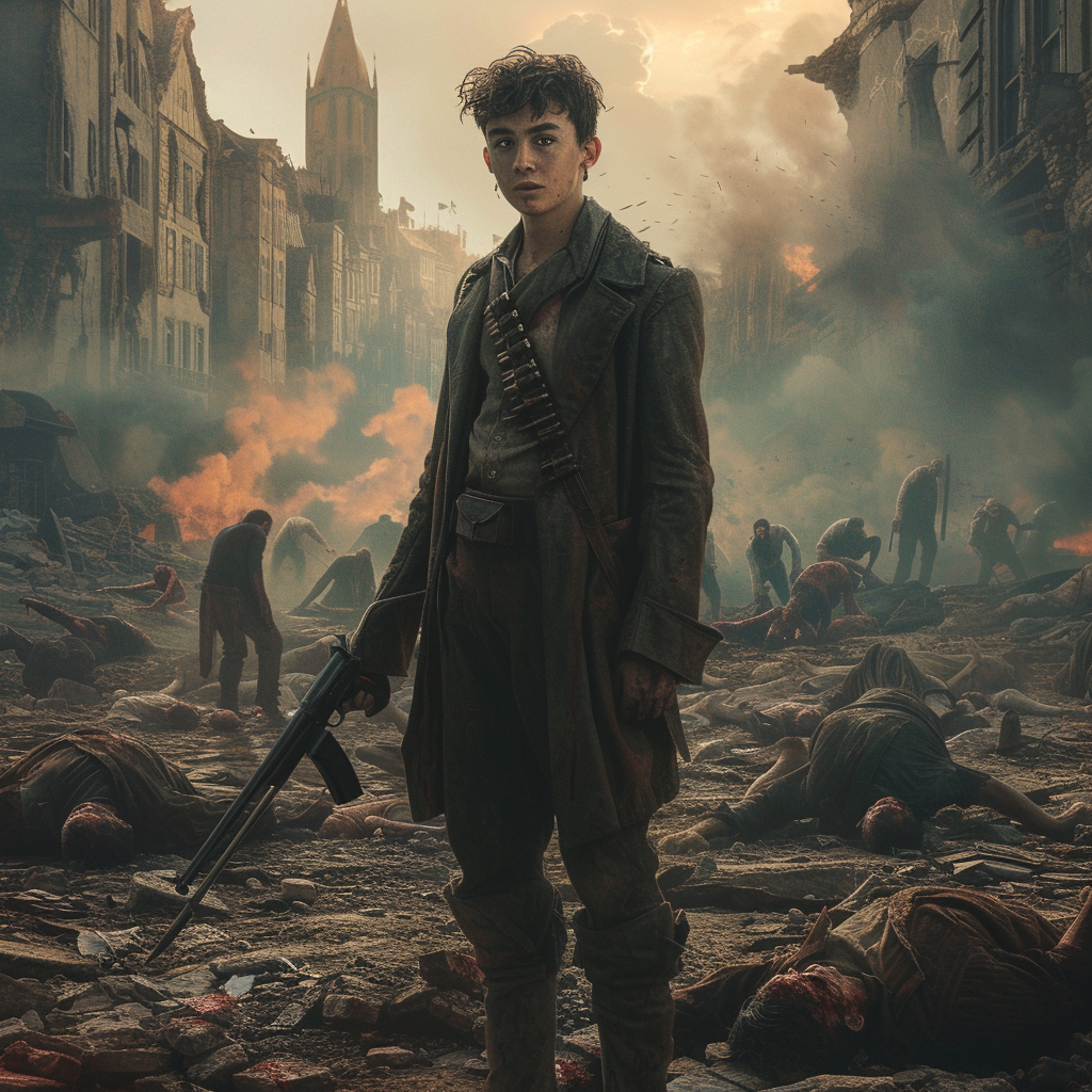 Kaz Brekker with gun in ruined city surrounded by zombies