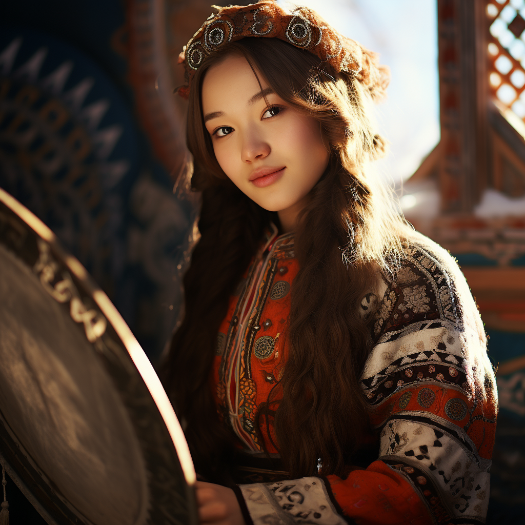 Kazakh girl playing dombra in yurt