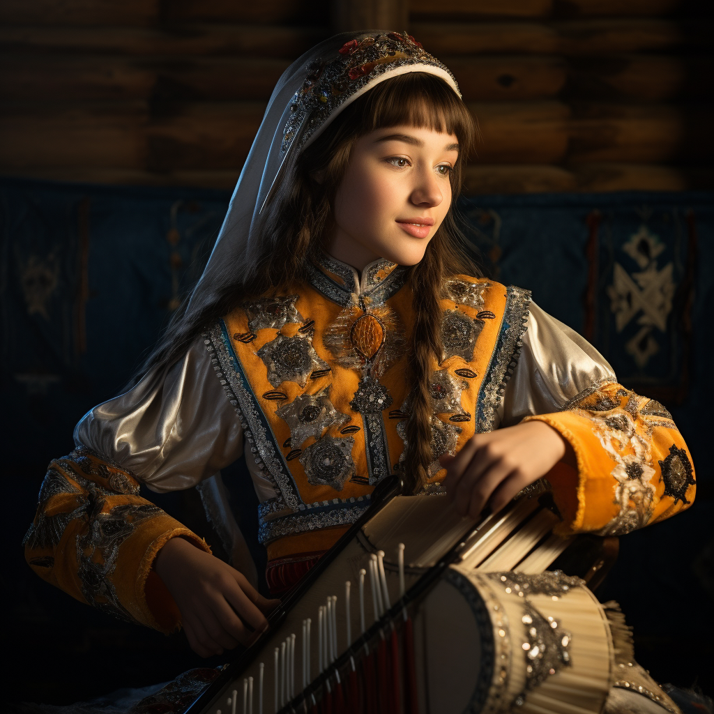 Kazakh girl playing national musical instrument in costume