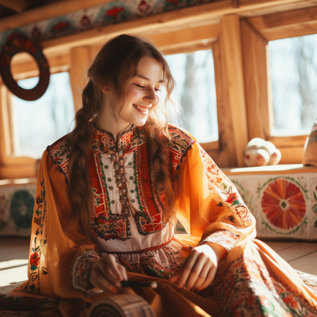 Girl playing dombra in Kazakh yurt