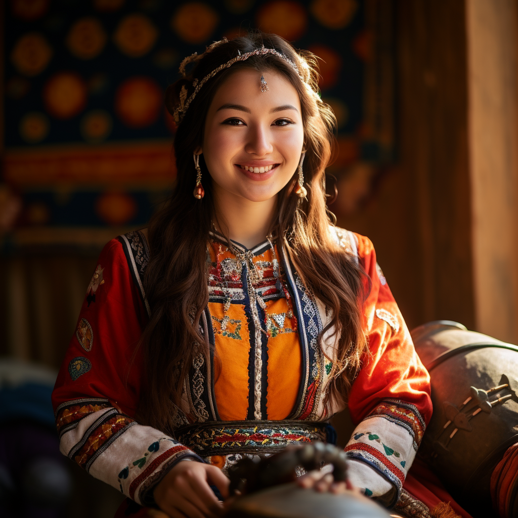 Kazakh girl playing dombra in yurt