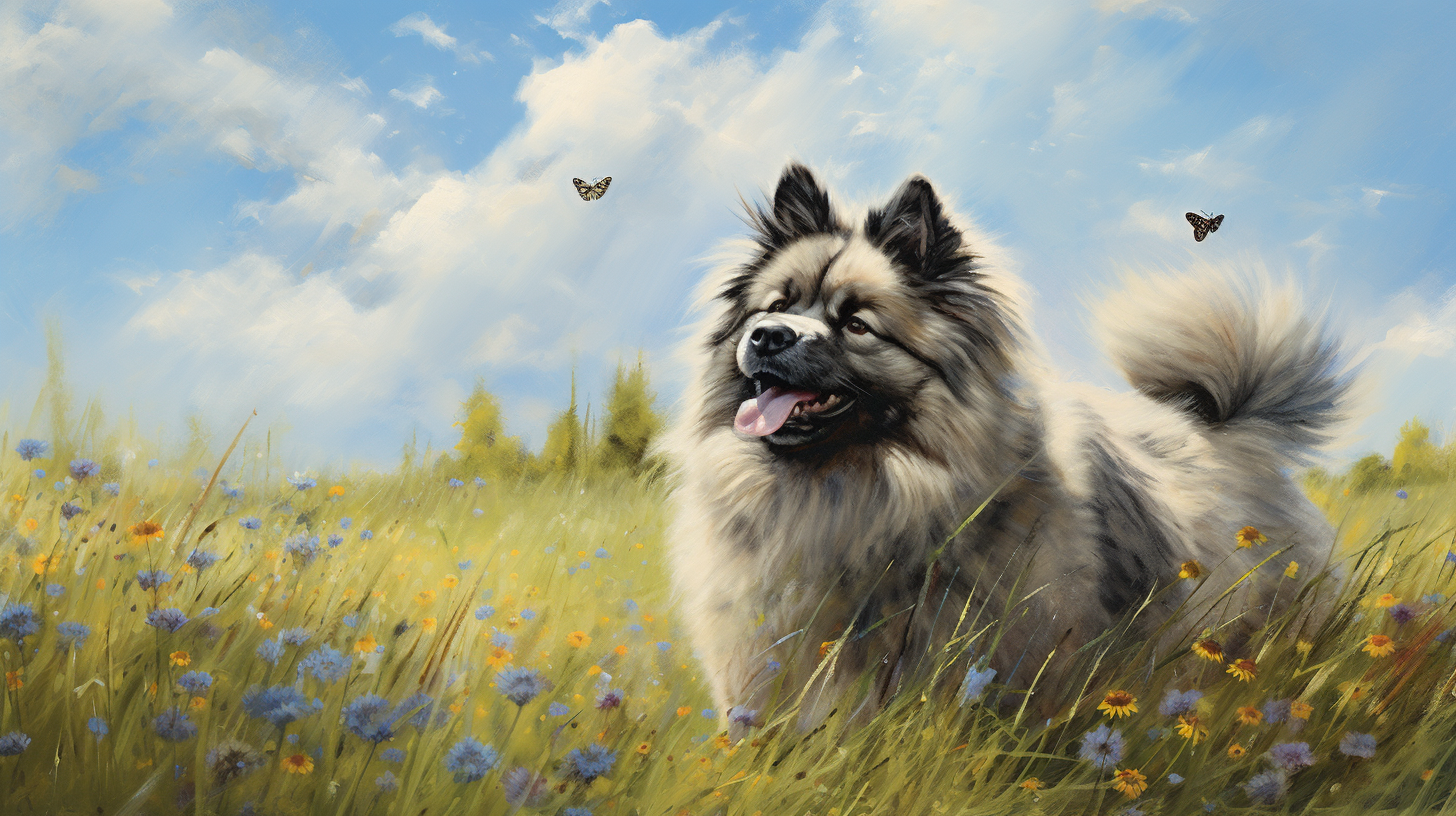 Keeshond playing with butterfly in grass on a blue skies day