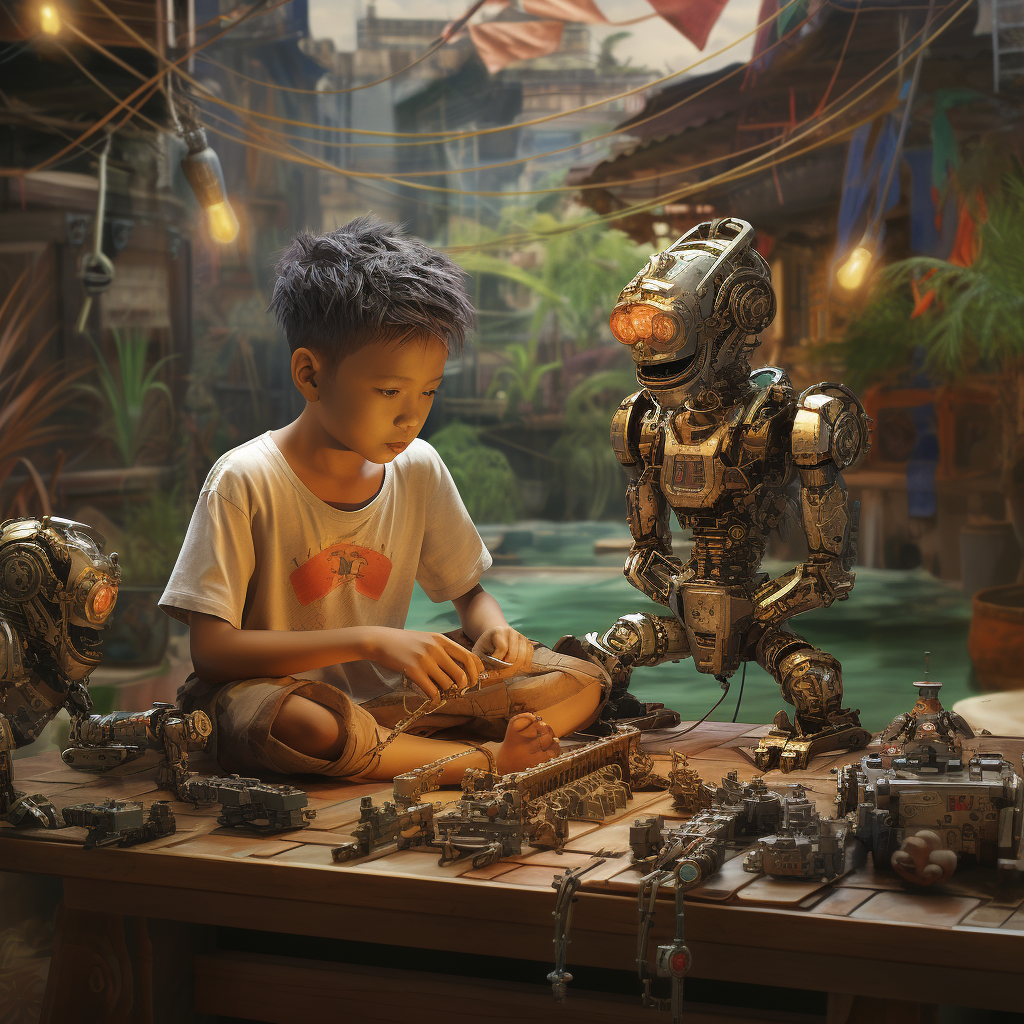 Boy playing with robots in solar punk scene