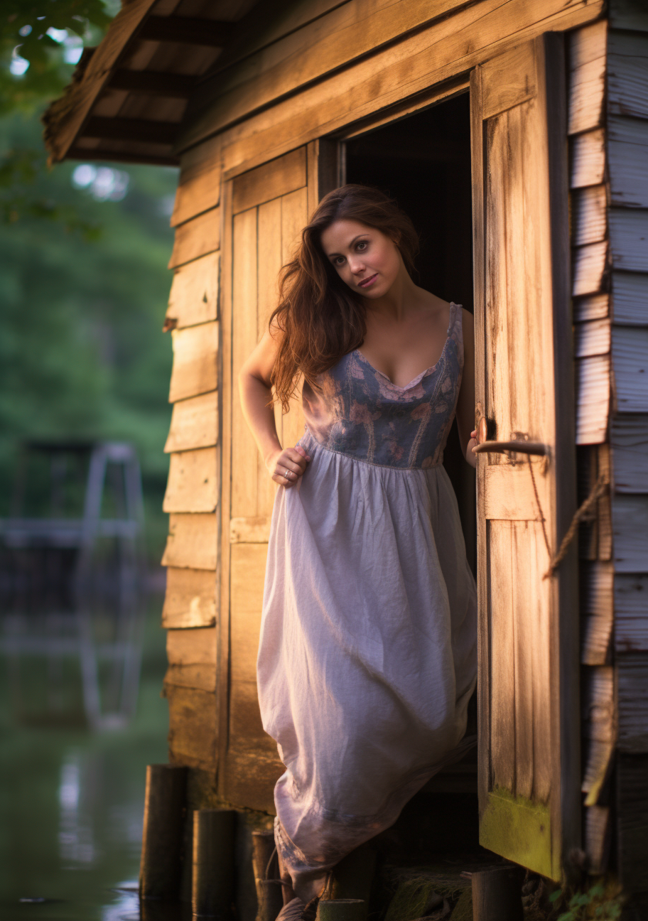 Kelly Brook in wooden shack by the river