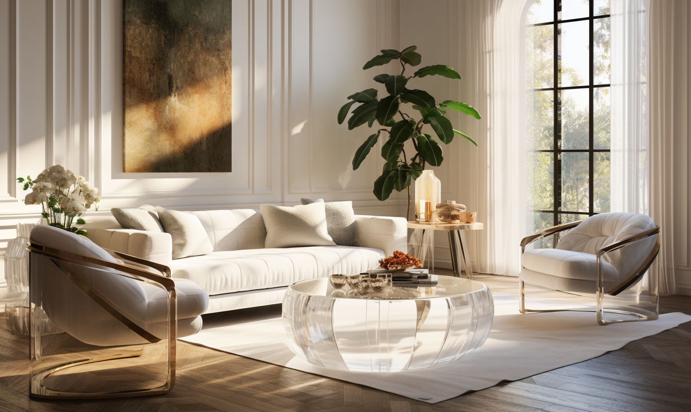 Stylish living room with glass coffee table, acrylic chair, and glass vase