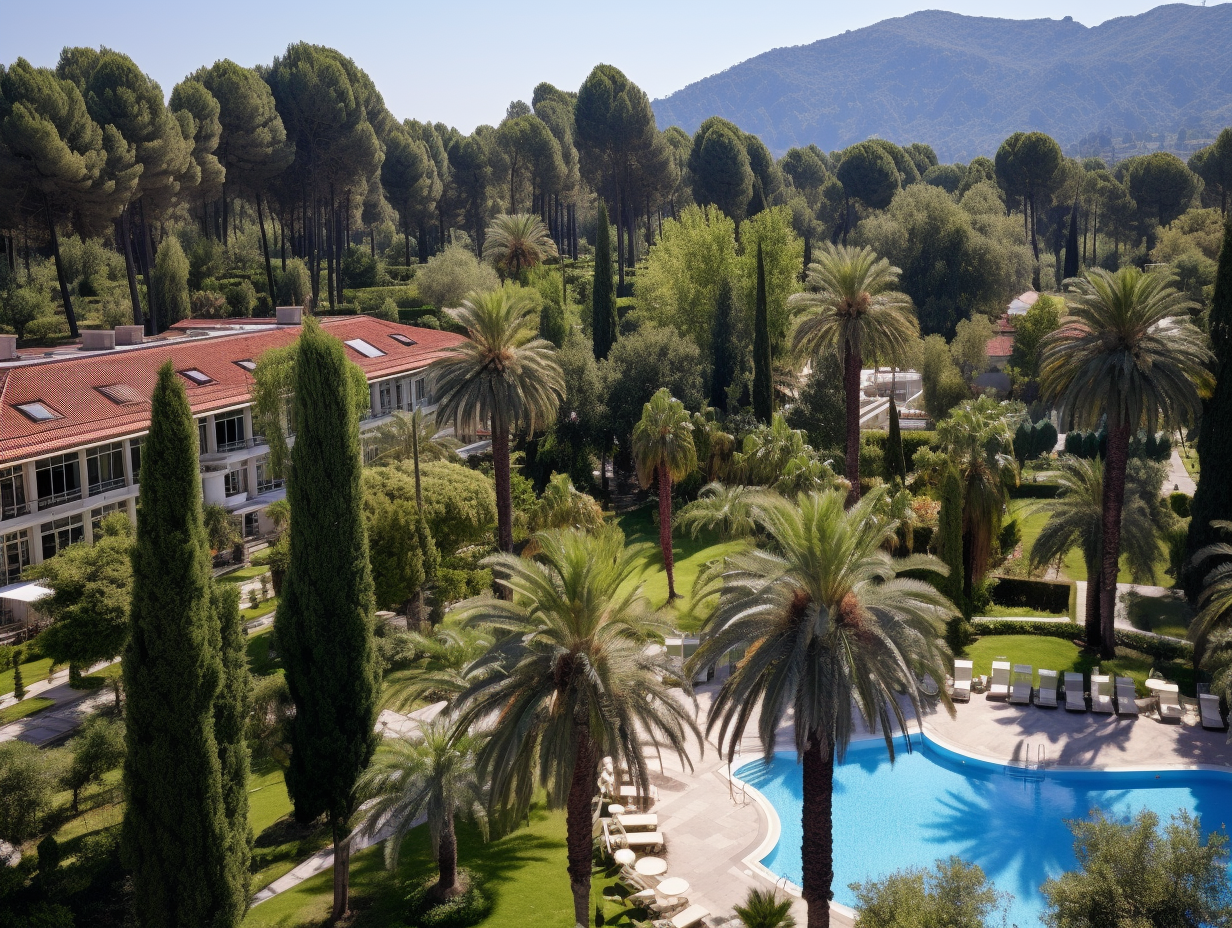 Aerial view of Mediterranean resort hotel