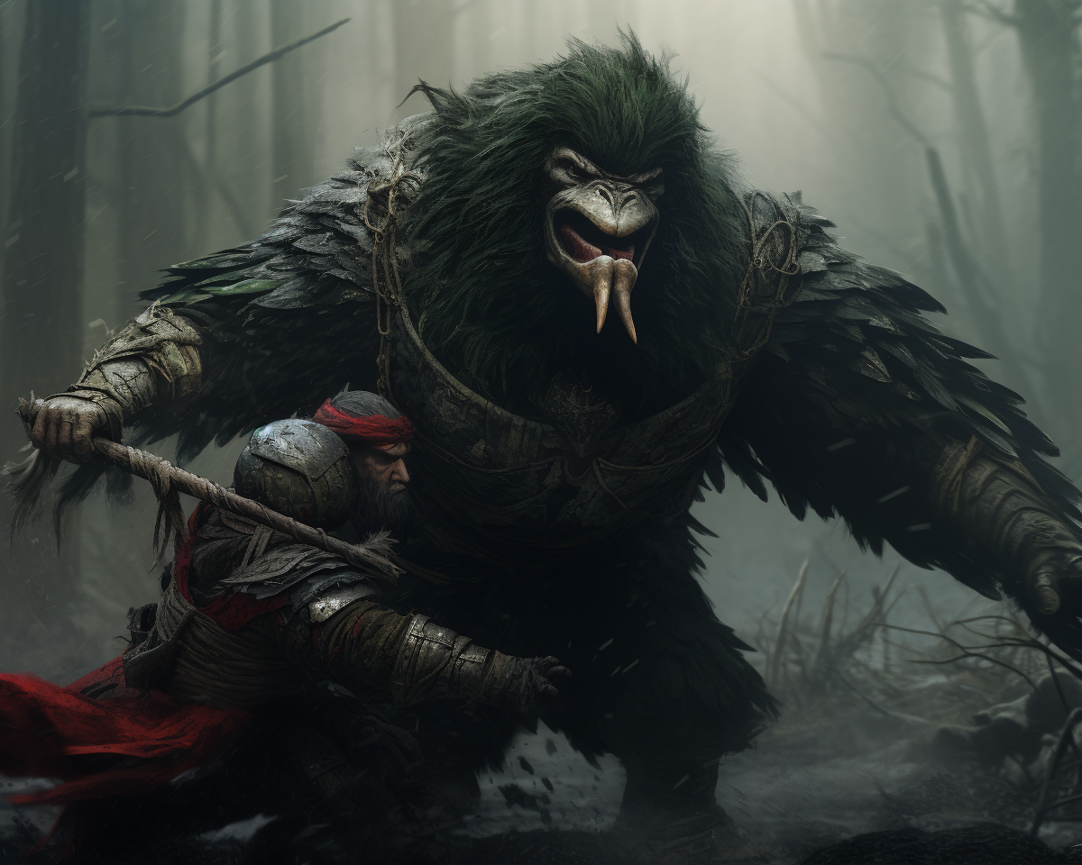 Kenku monk fighting orc in dark forest