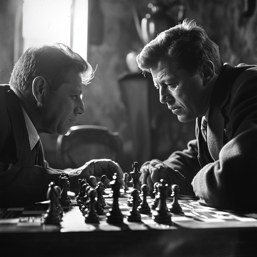 Black and white photograph of Kennedy playing chess with Stalin