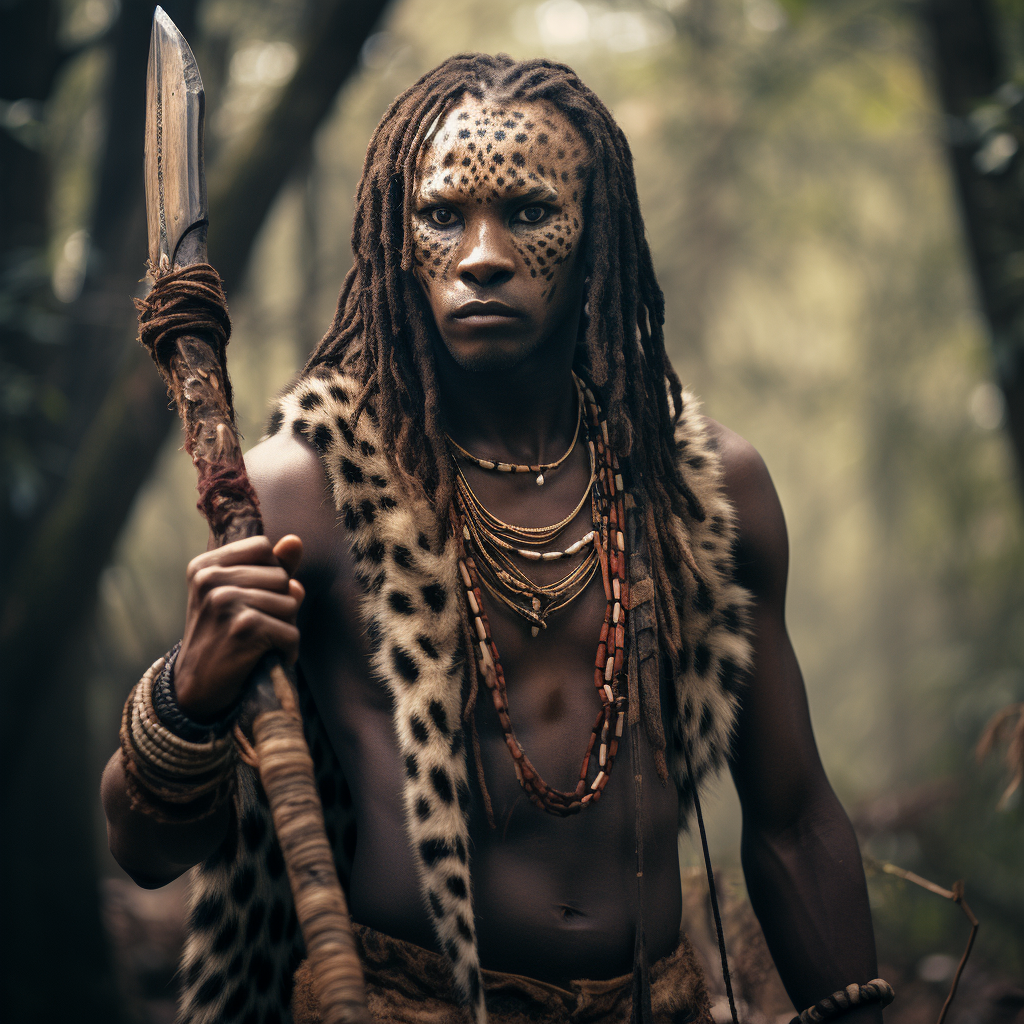 Kenyan Mau Mau warrior with leopard skin and spear