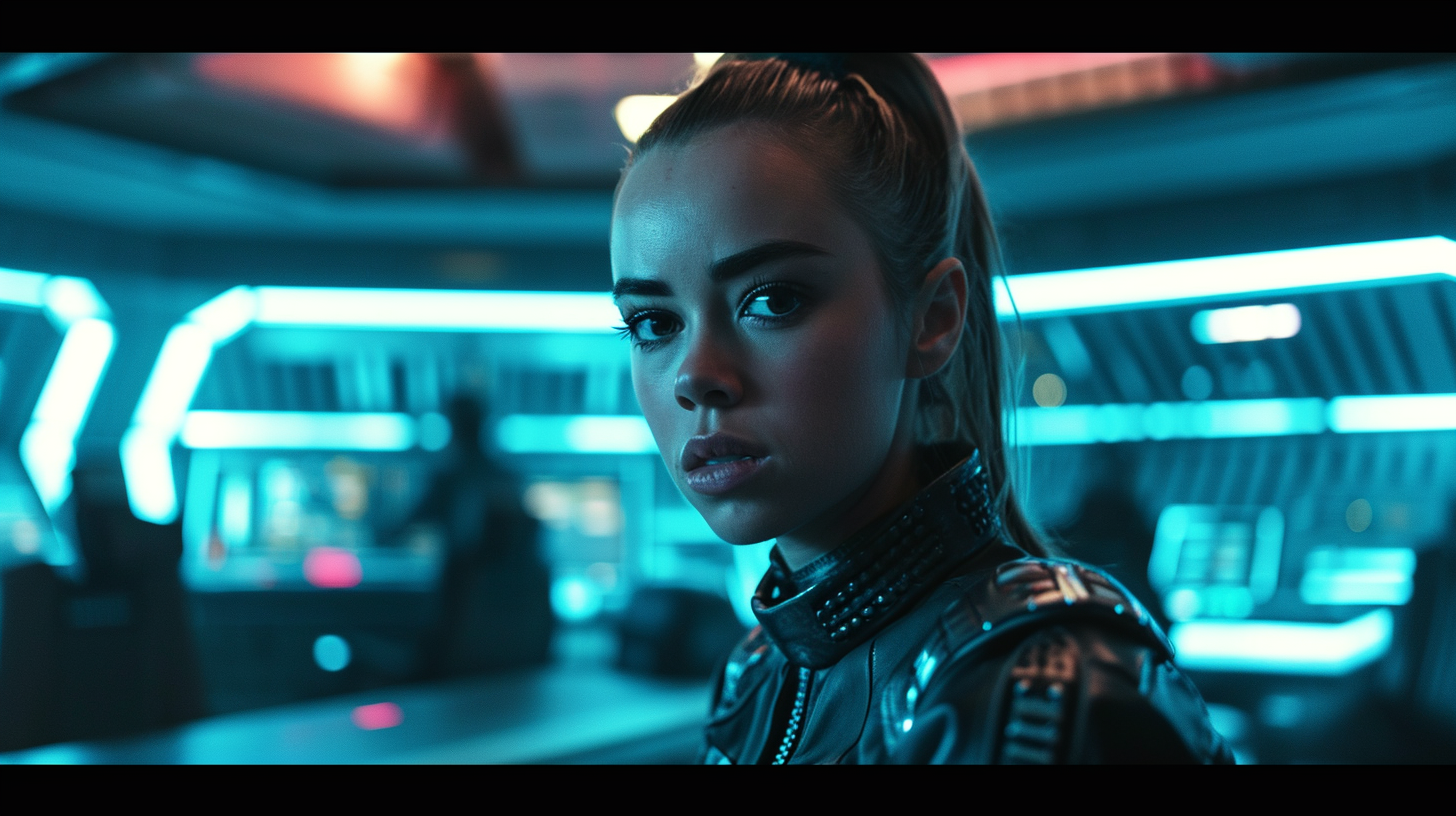 Kenzie Dalton in intense sci-fi conference room