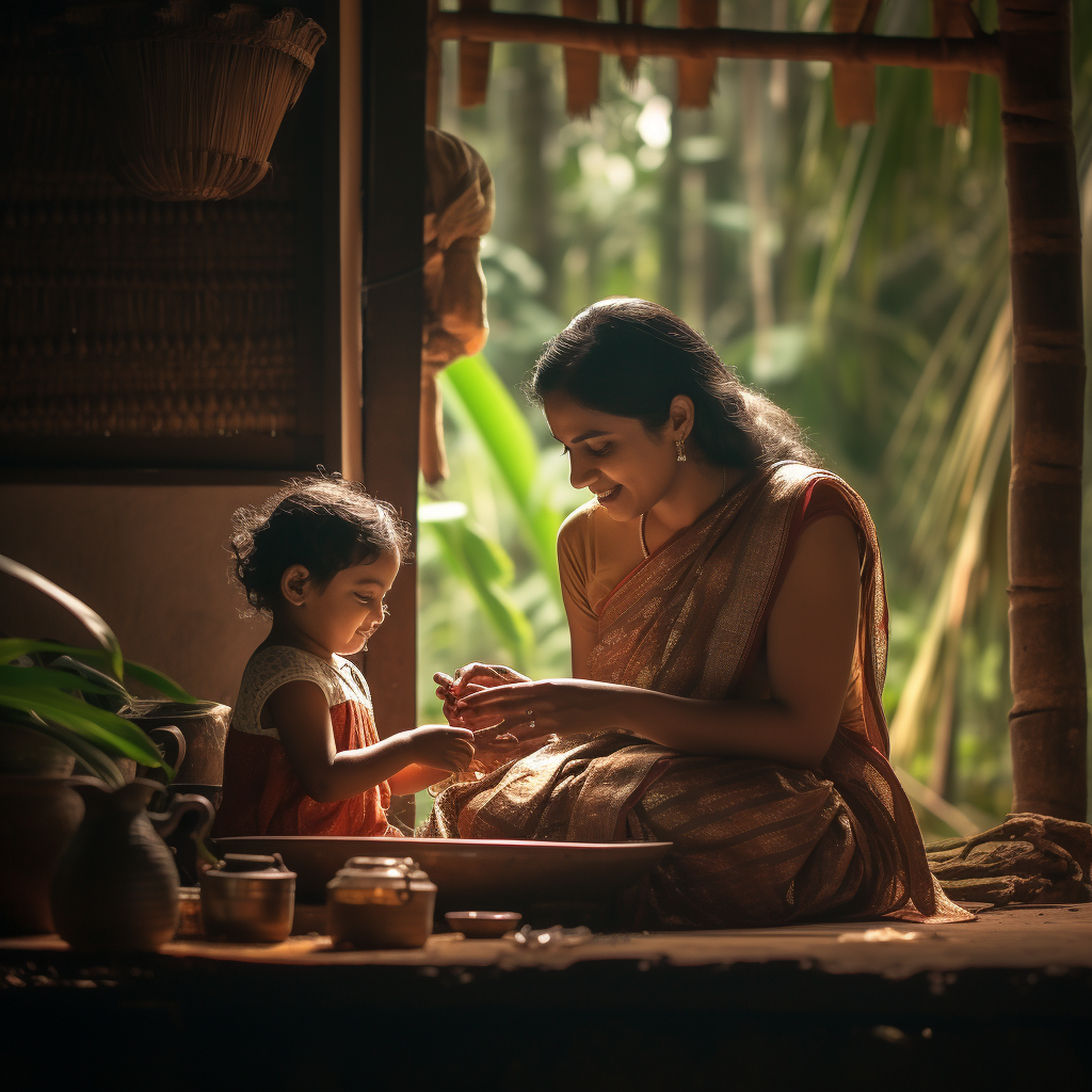 Kerala traditional home with mom and child playing