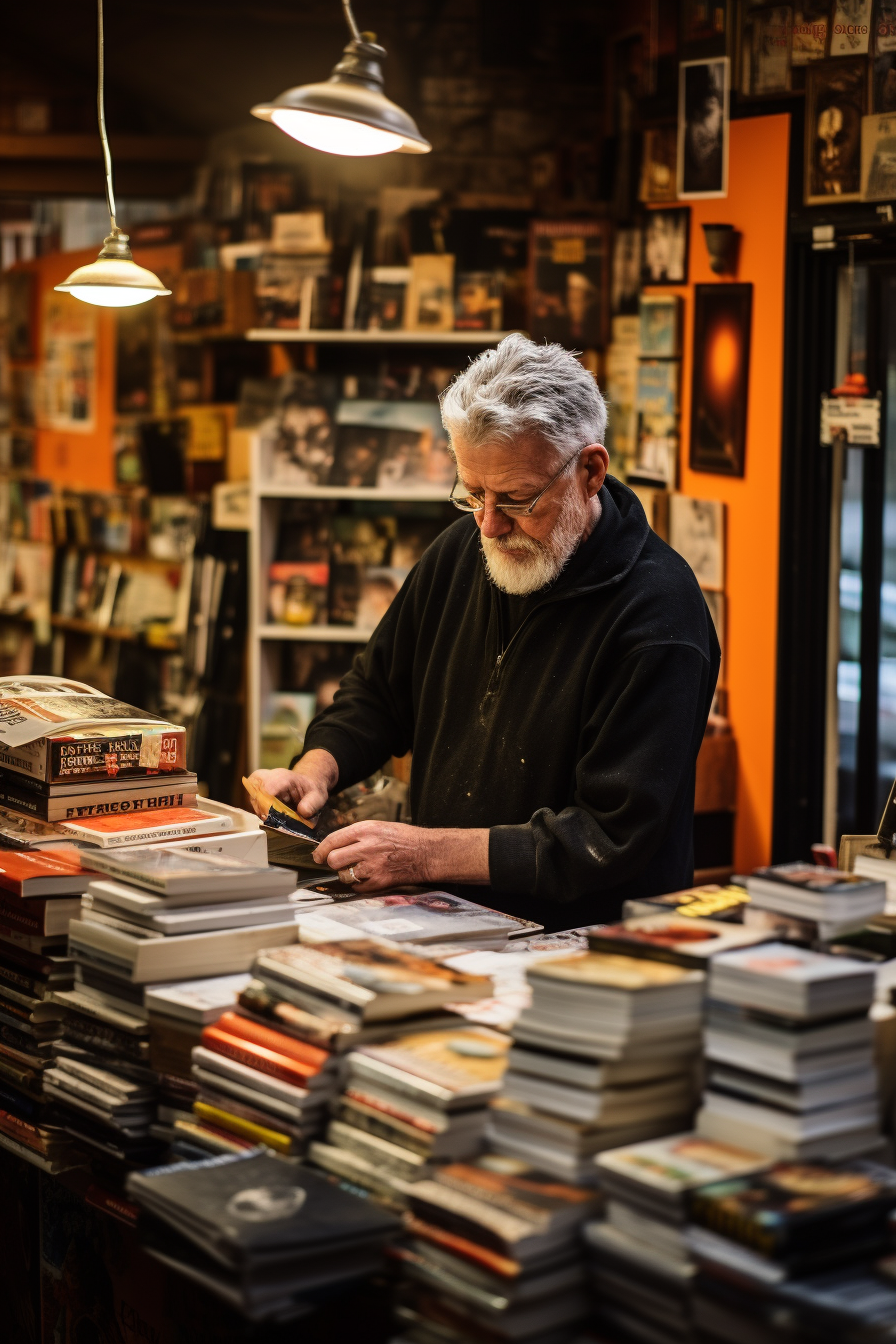 Bookstore owner sorting books at Kestrel Books Vancouver