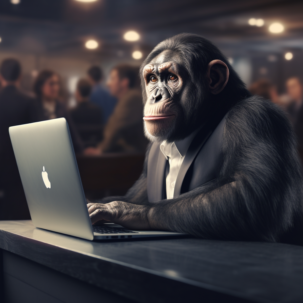 Photorealistic chimpanzee with keynote on MacBook