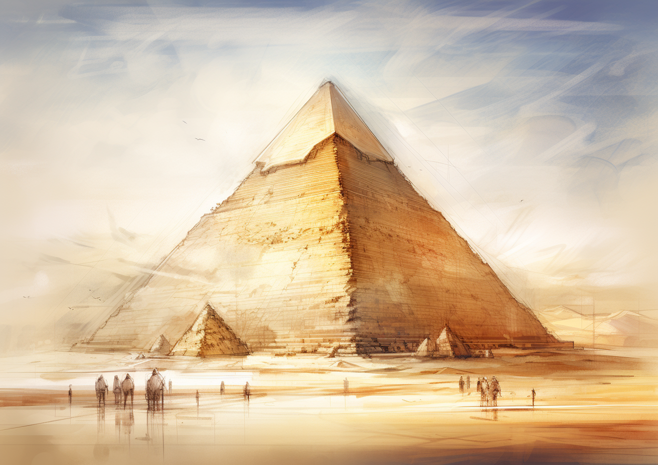 Kheops Pyramid archeologist sketch in Louvre style