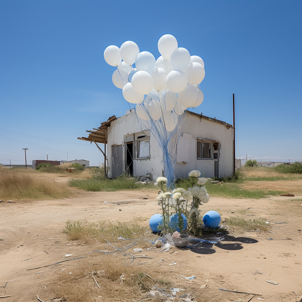 Colorful kibbutz houses surrounded by flowers and balloons