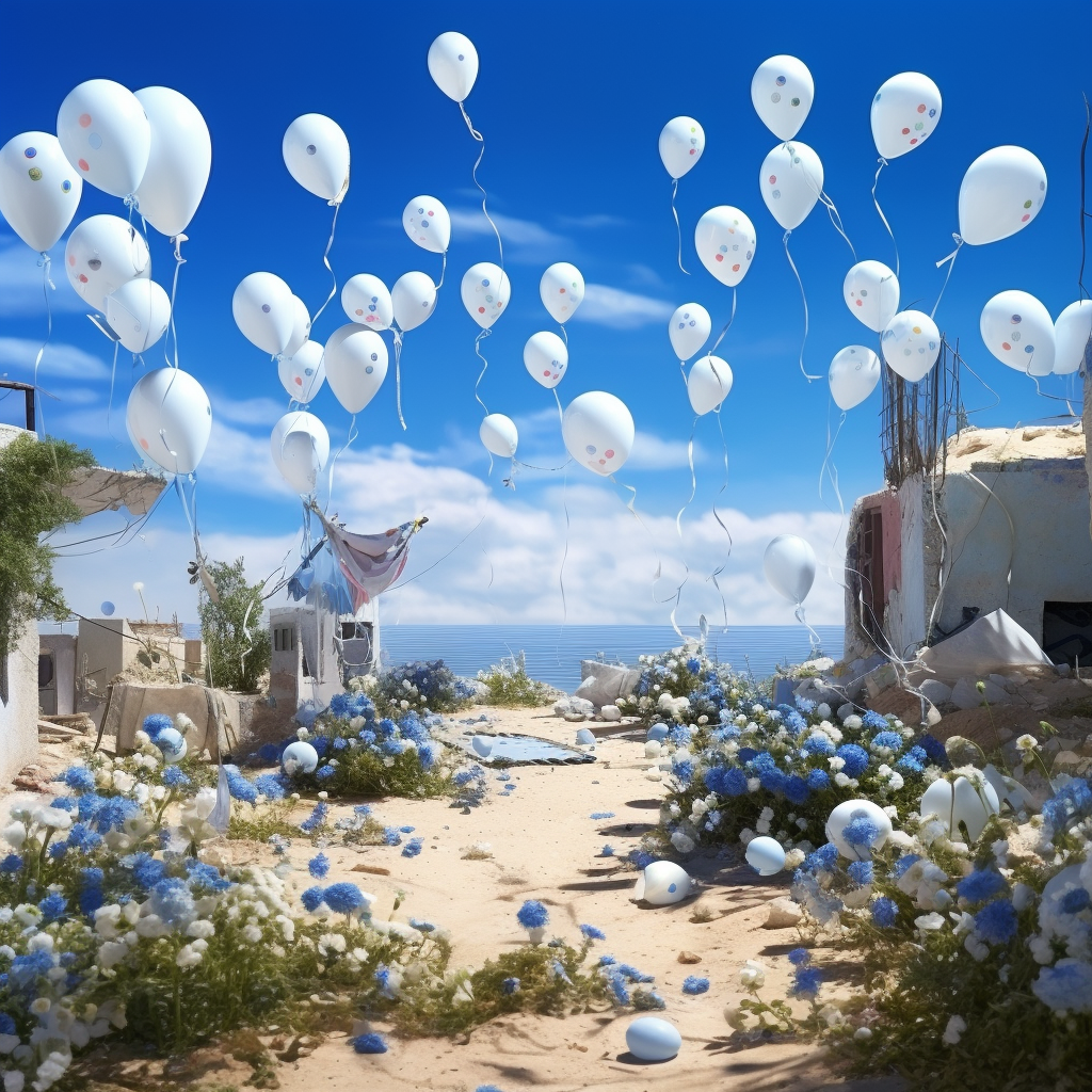 Scenic kibbutz with flowers and balloons