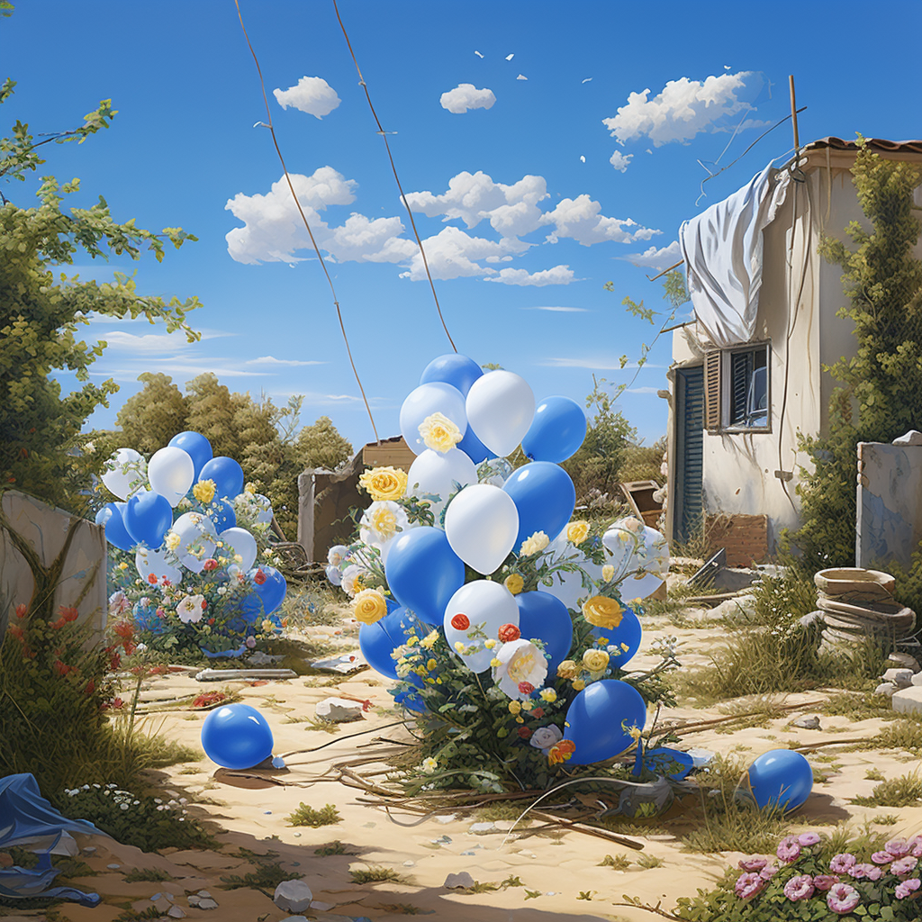 Picturesque kibbutz with flowers and balloons