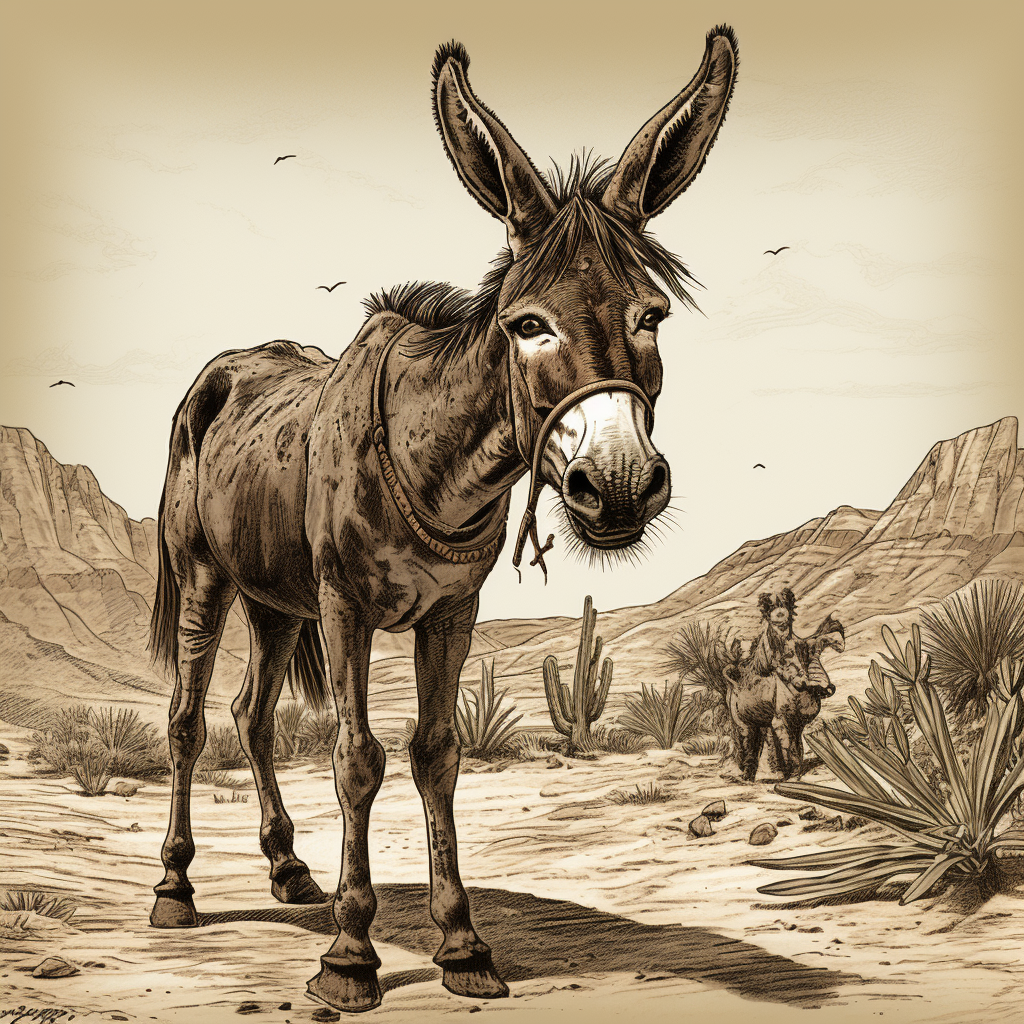 kicking donkey in desert staring at camera