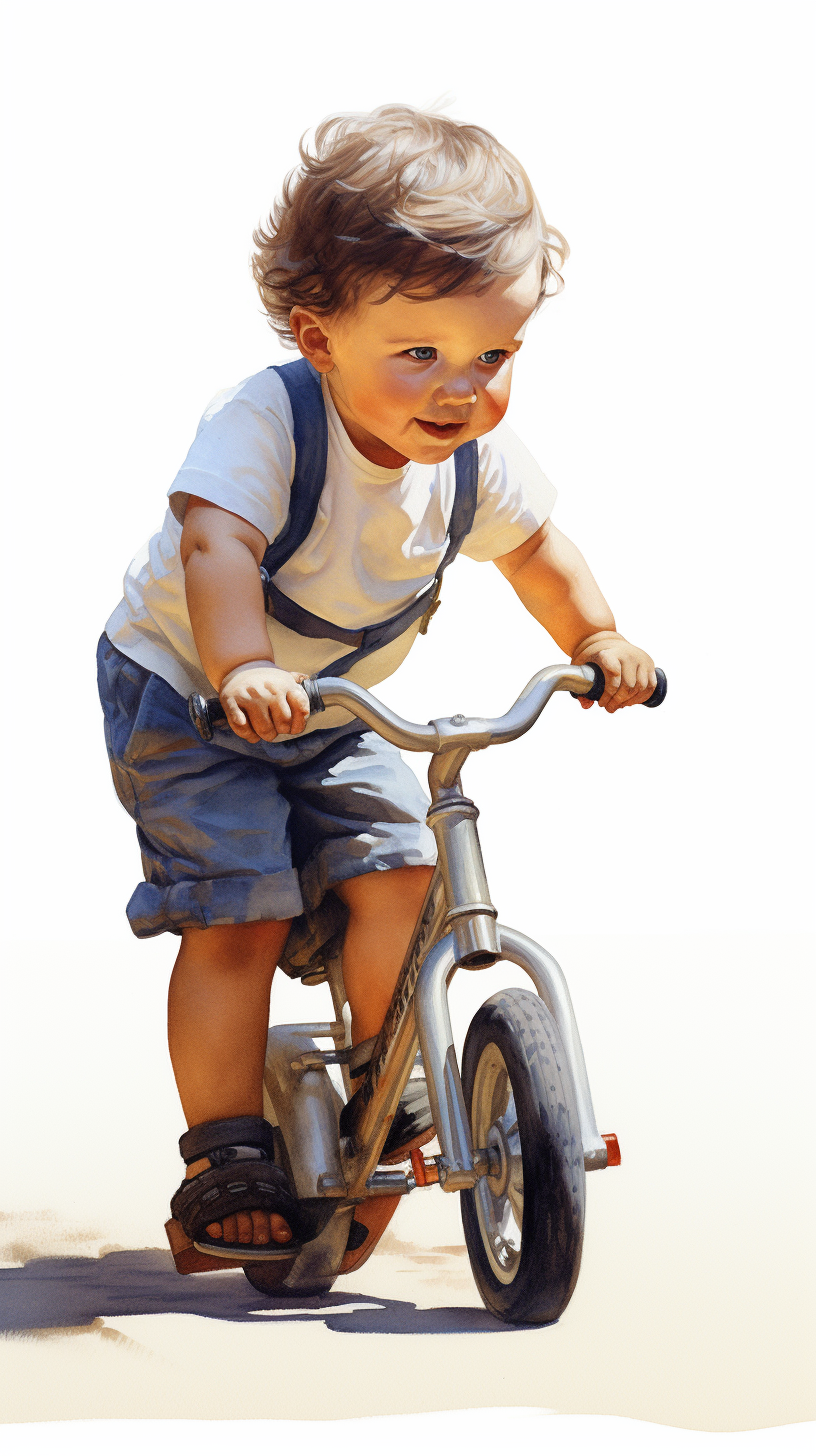 Kid climbing tricycle in outdoor sunlight