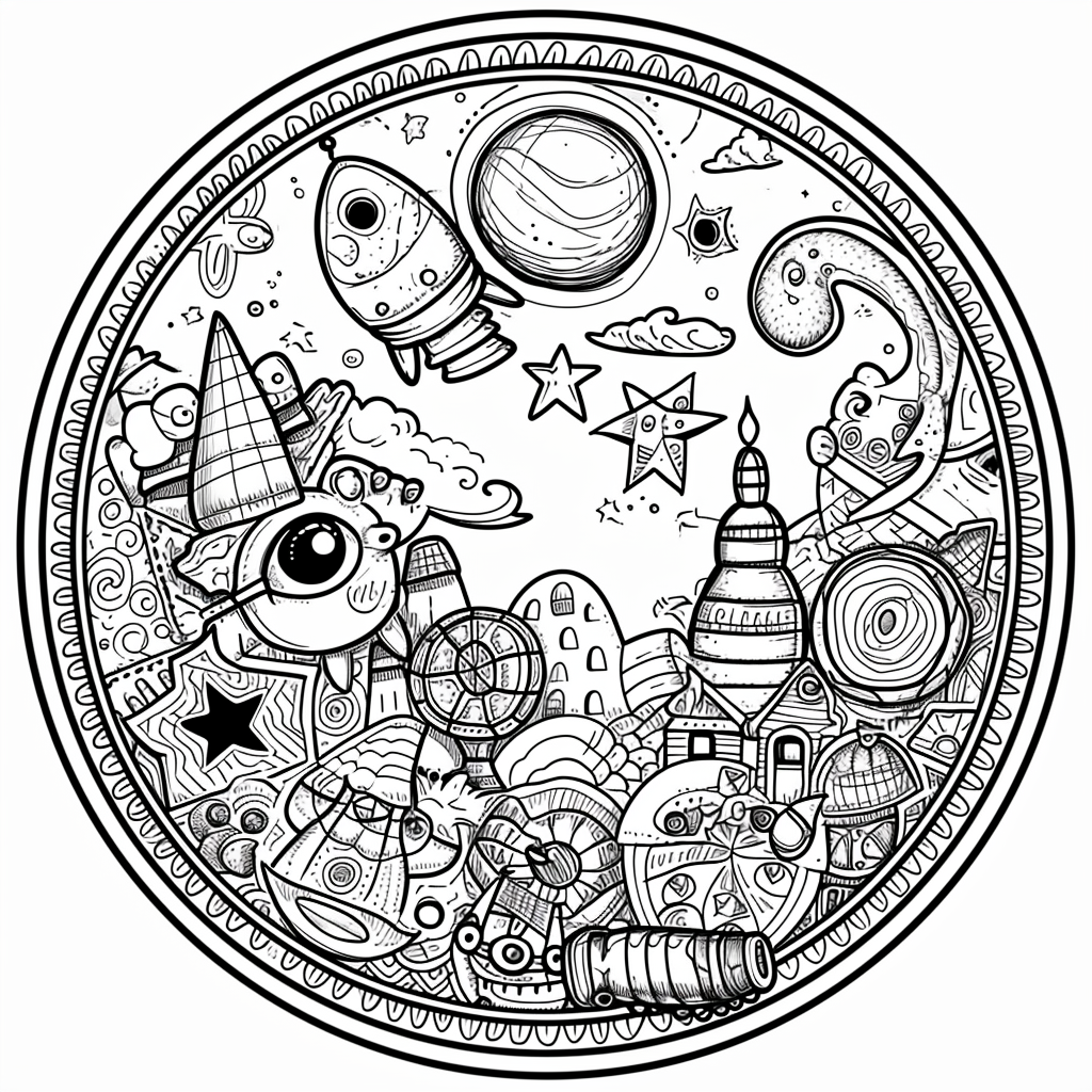 Kid Coloring Book Page with Toys Mandala